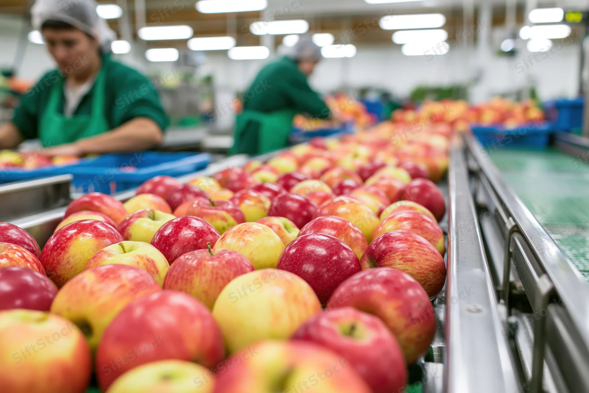 Red and yellow apples moving along a metal conveyor belt in a food processing factory with workers sorting them in the background