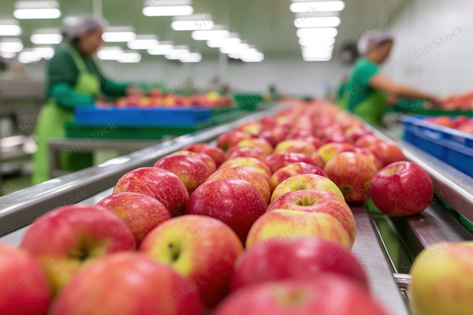 Red and yellow apples moving along a metal conveyor in a food processing factory with workers in green aprons and hairnets inspecting them in the background