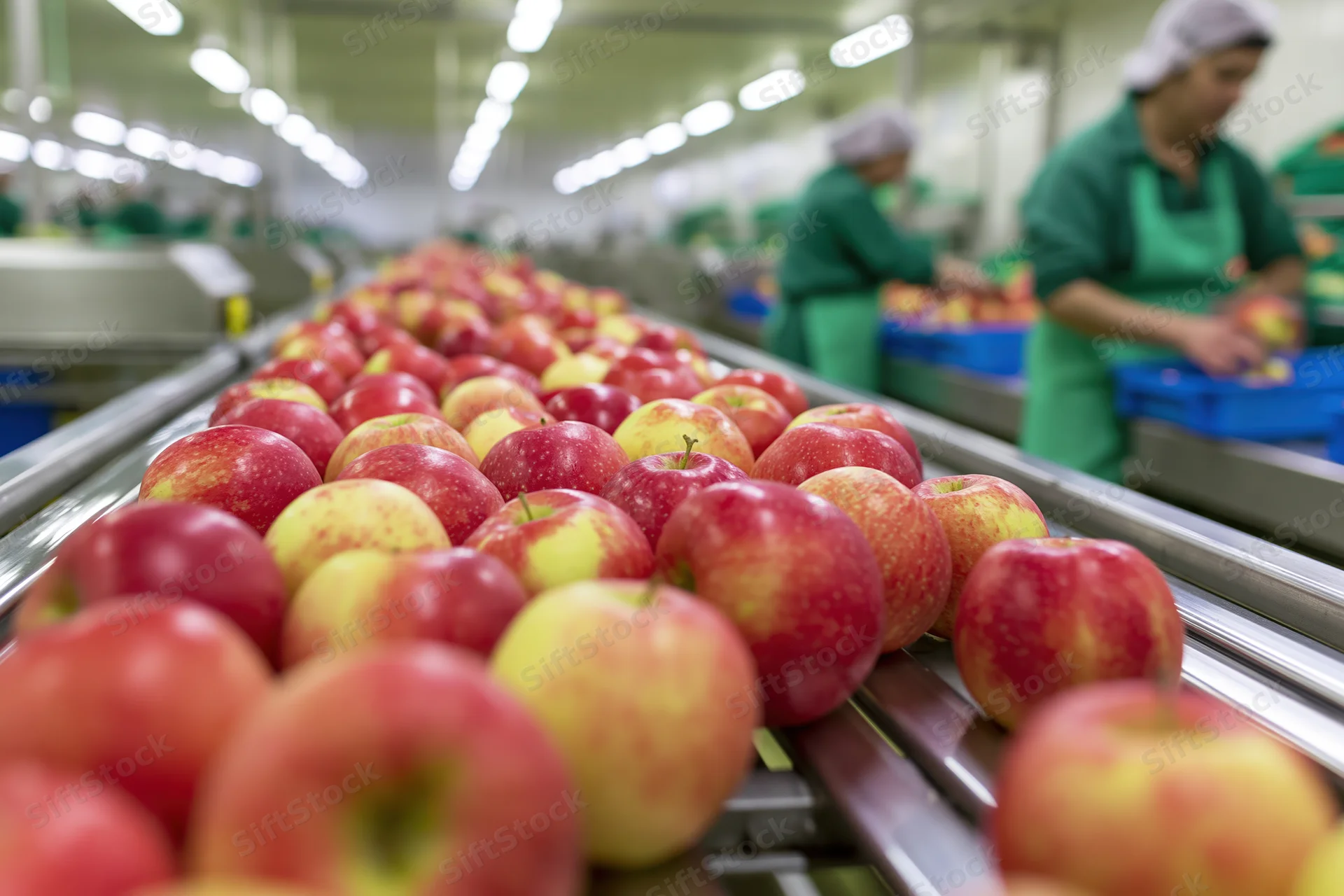 Red and yellow apples moving along a metal conveyor in a food processing factory with workers sorting them in the background