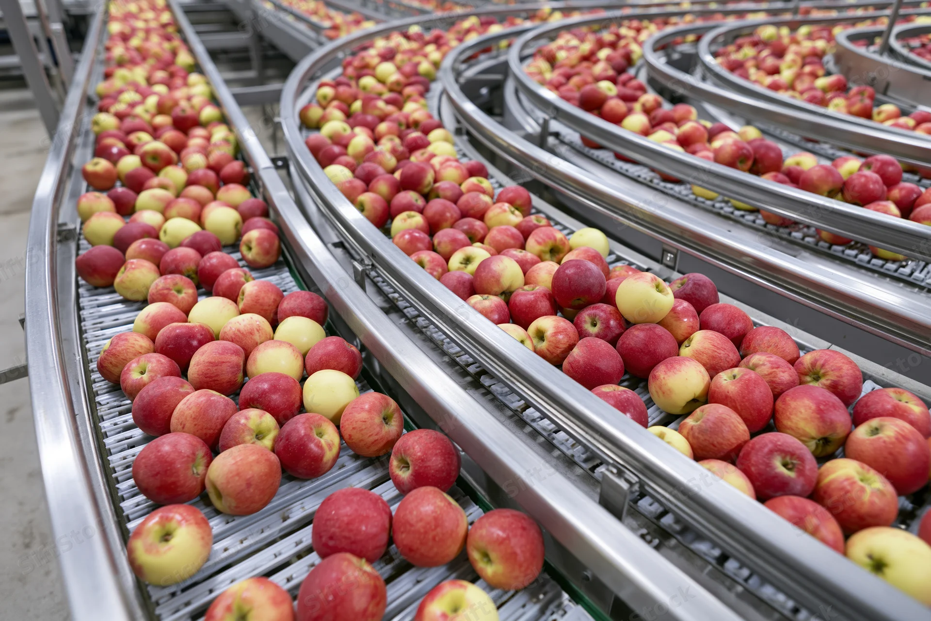 Red and yellow apples moving along curved metal conveyor belts in a food processing facility