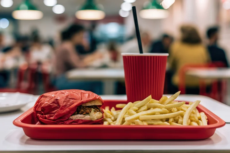 Red tray with wrapped burger and fries on a restaurant table