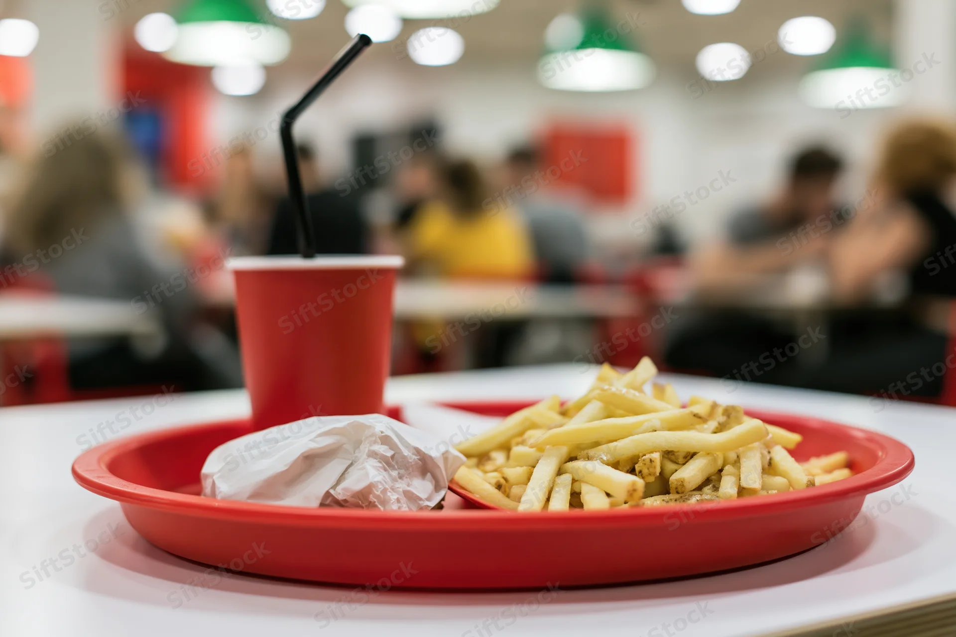Red tray with wrapped burger and fries on white table in fast food restaurant