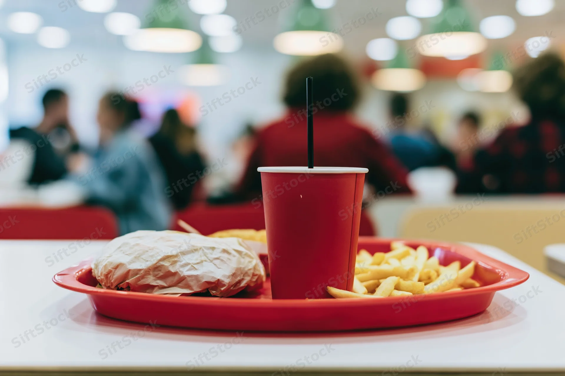 Red tray with wrapped burger, fries, and drink cup on a table in a fast food restaurant