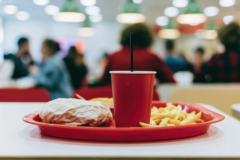 Red tray with wrapped burger, fries, and drink cup on a table in a fast food restaurant