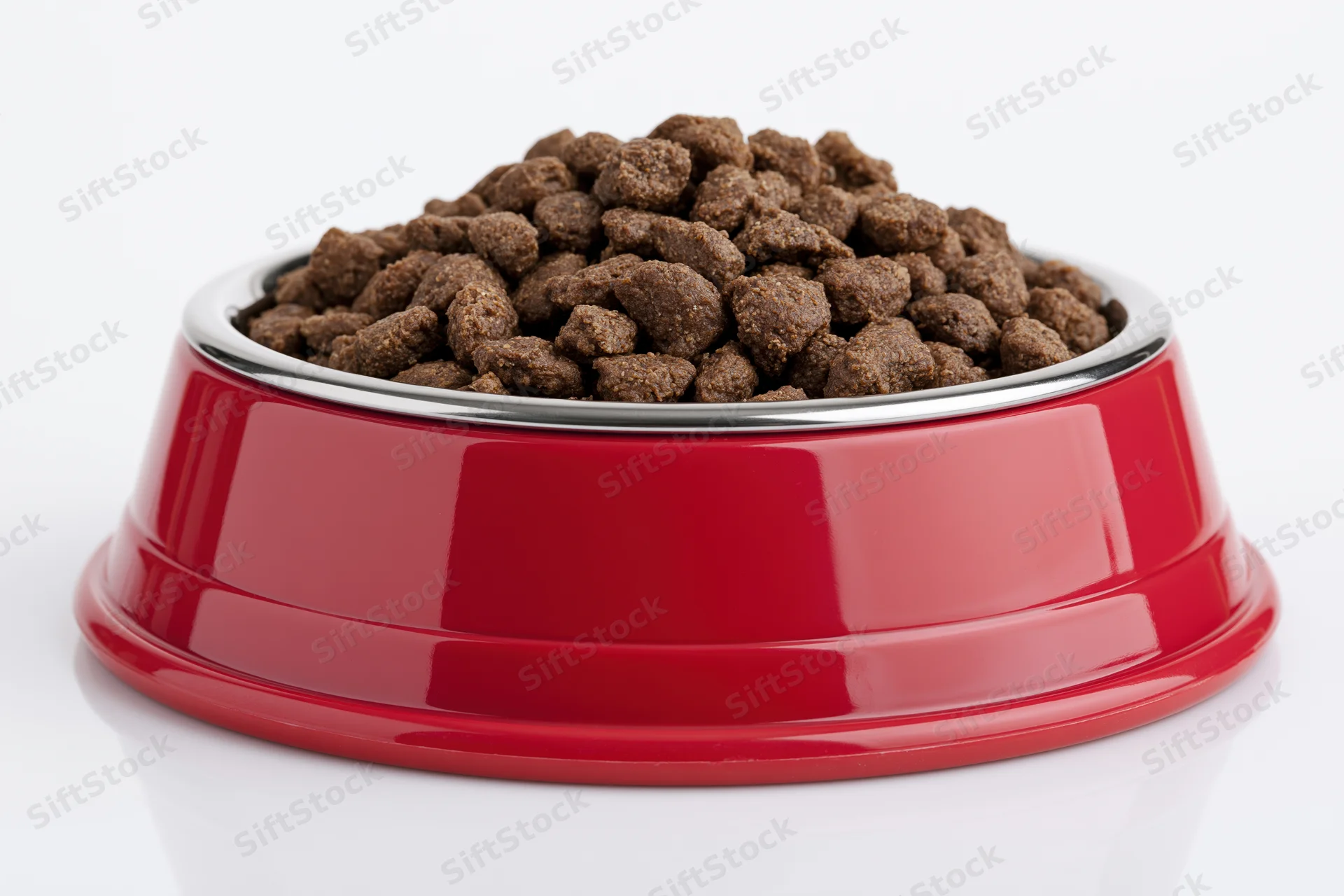 Red pet food bowl heaped with dry brown kibble on white background