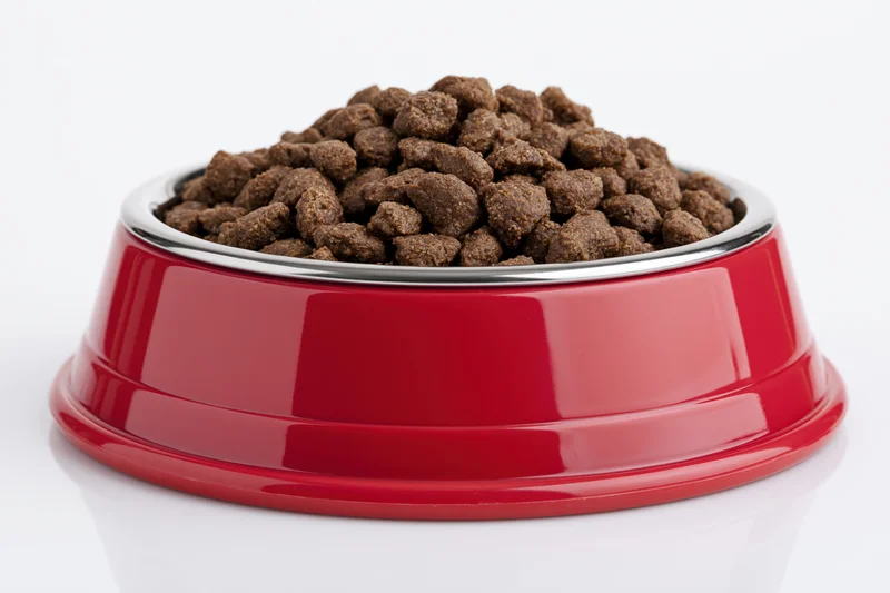 Red pet food bowl heaped with dry brown kibble on white background