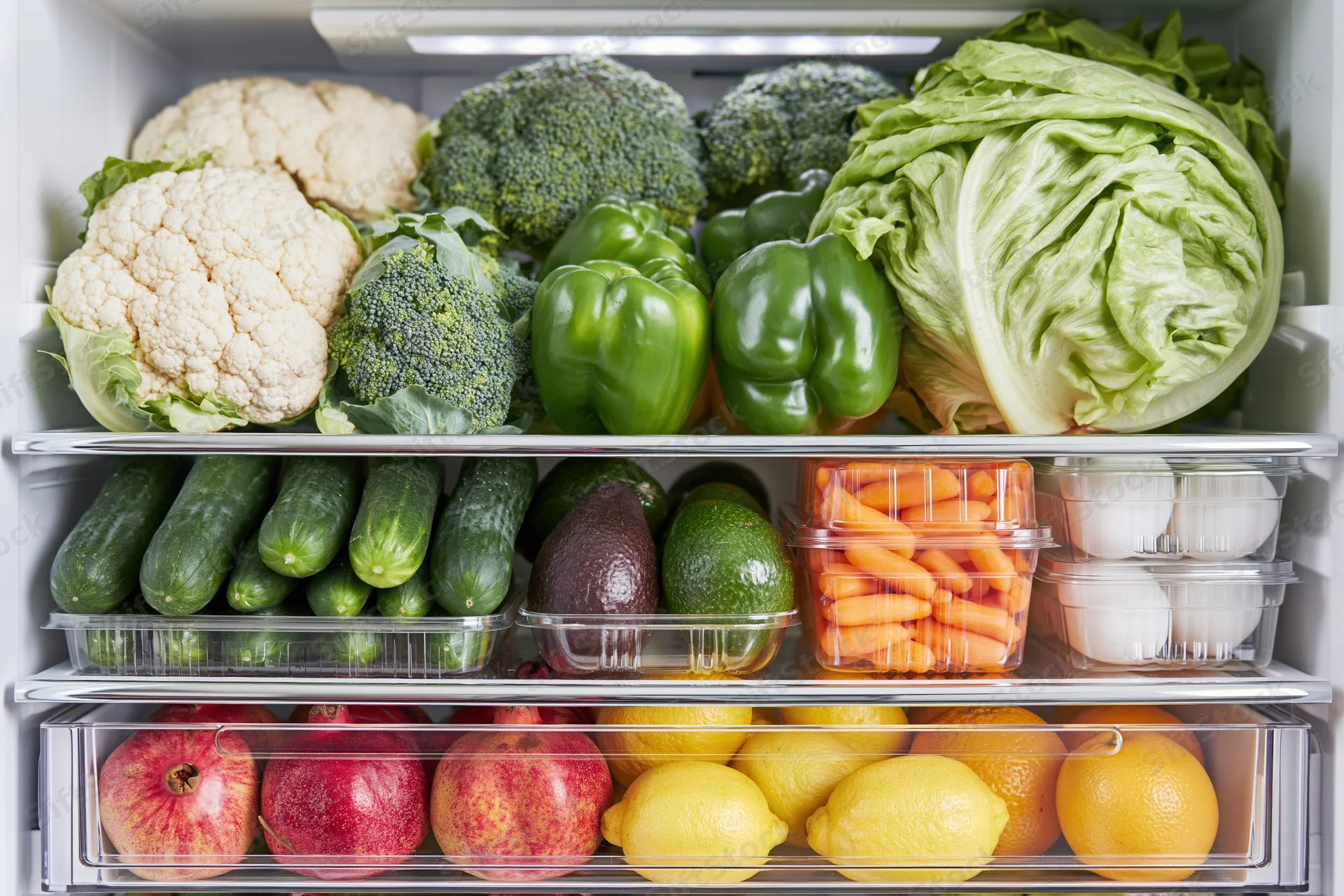 Refrigerator shelves filled with fresh vegetables and fruit arranged in clear containers and drawers