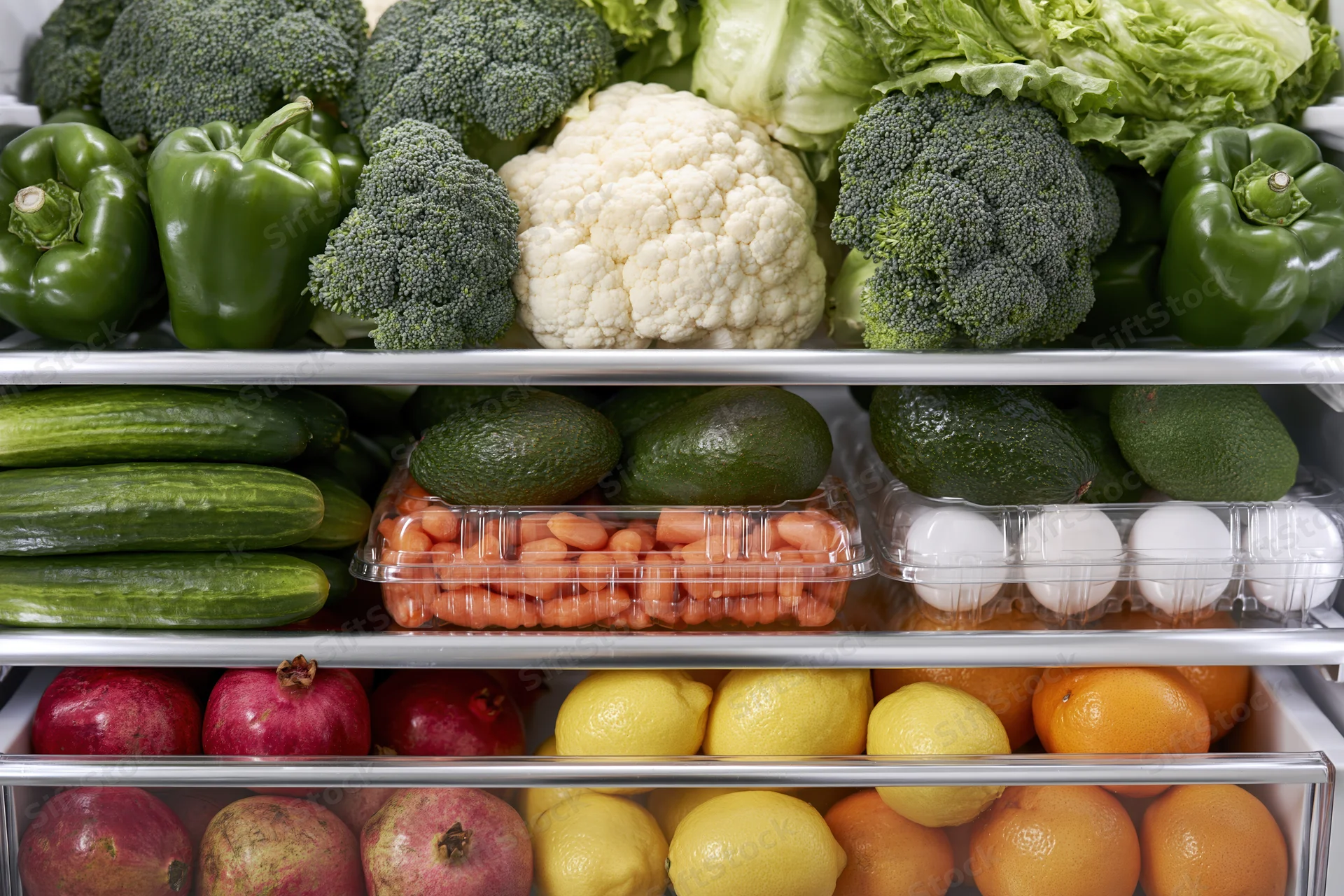 Refrigerator shelves filled with fresh vegetables and fruit arranged by type