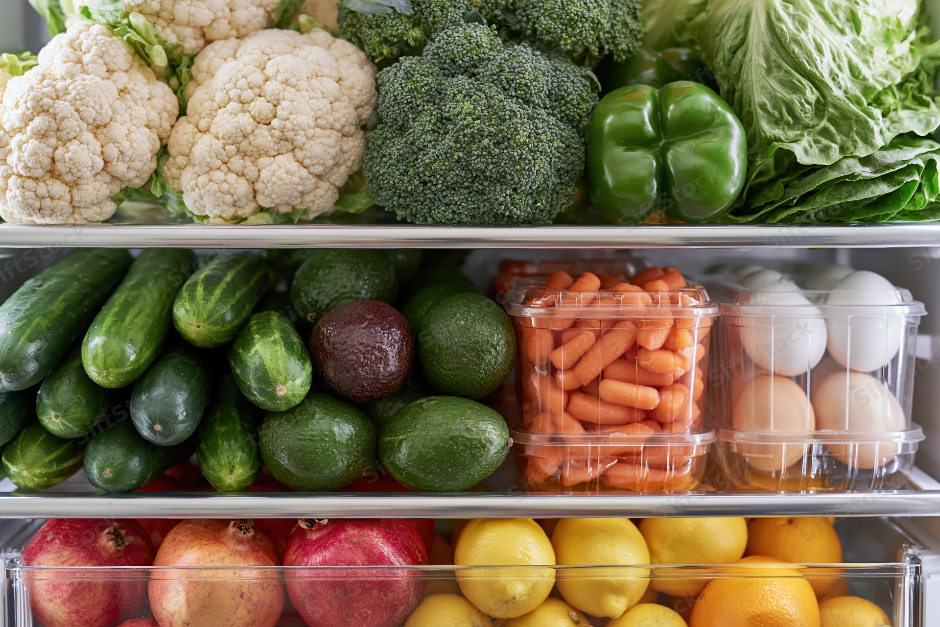 Refrigerator shelves filled with fresh vegetables and fruit arranged in clear containers and bins