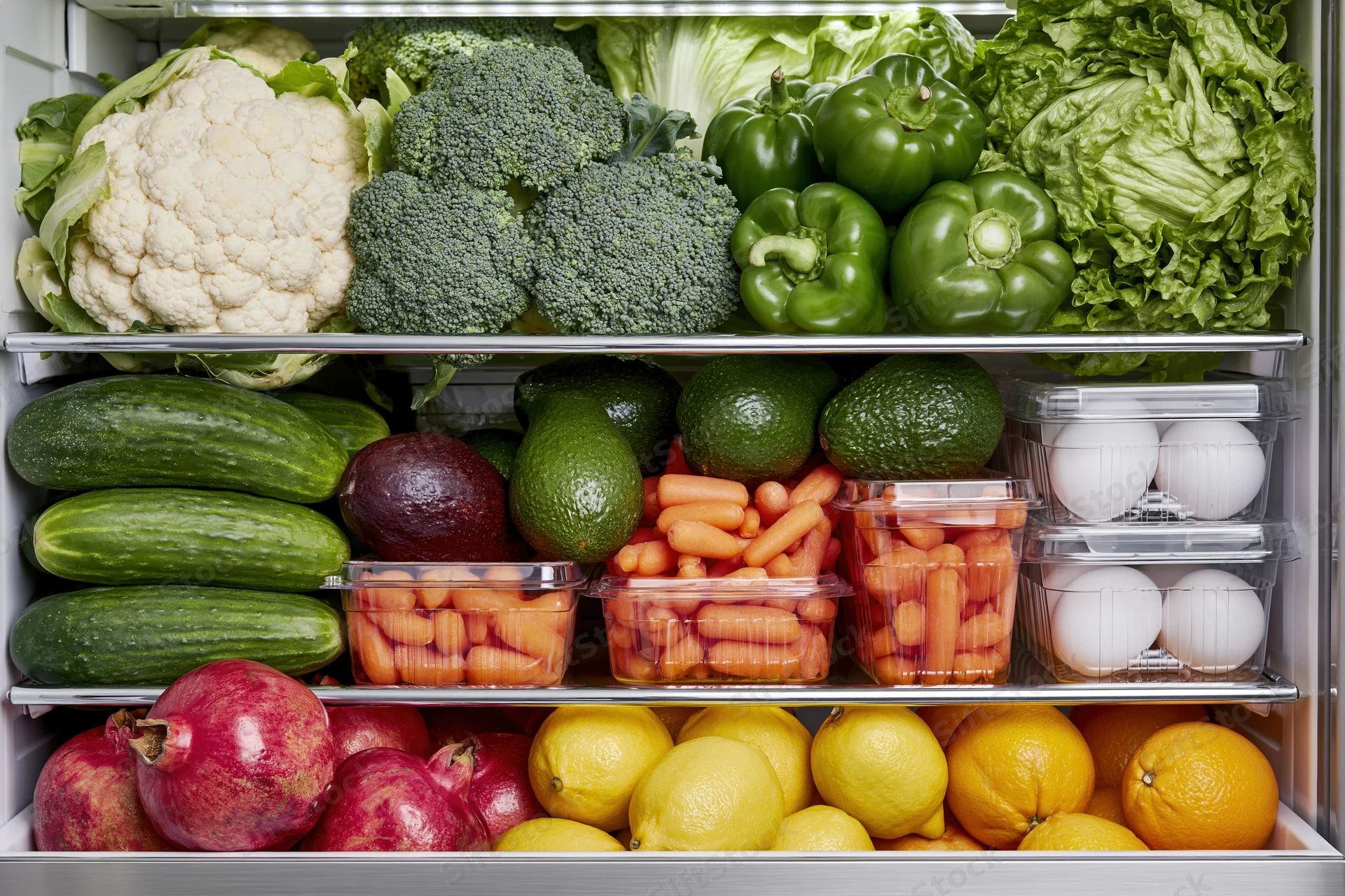 Refrigerator shelves filled with fresh vegetables and fruit arranged in organized rows