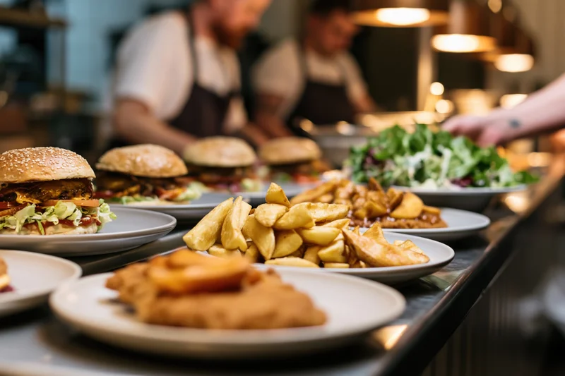 Multiple plated dishes including burgers, fries and salad arranged on a restaurant pass counter with chefs in background