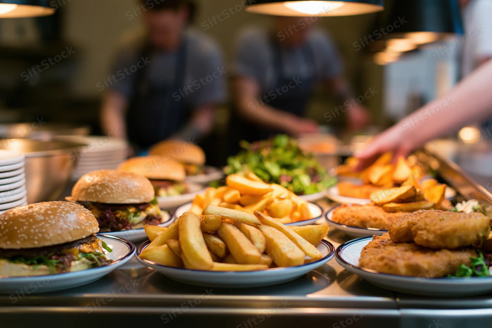Plated burgers, fries, and fried chicken on a restaurant pass counter with staff in background