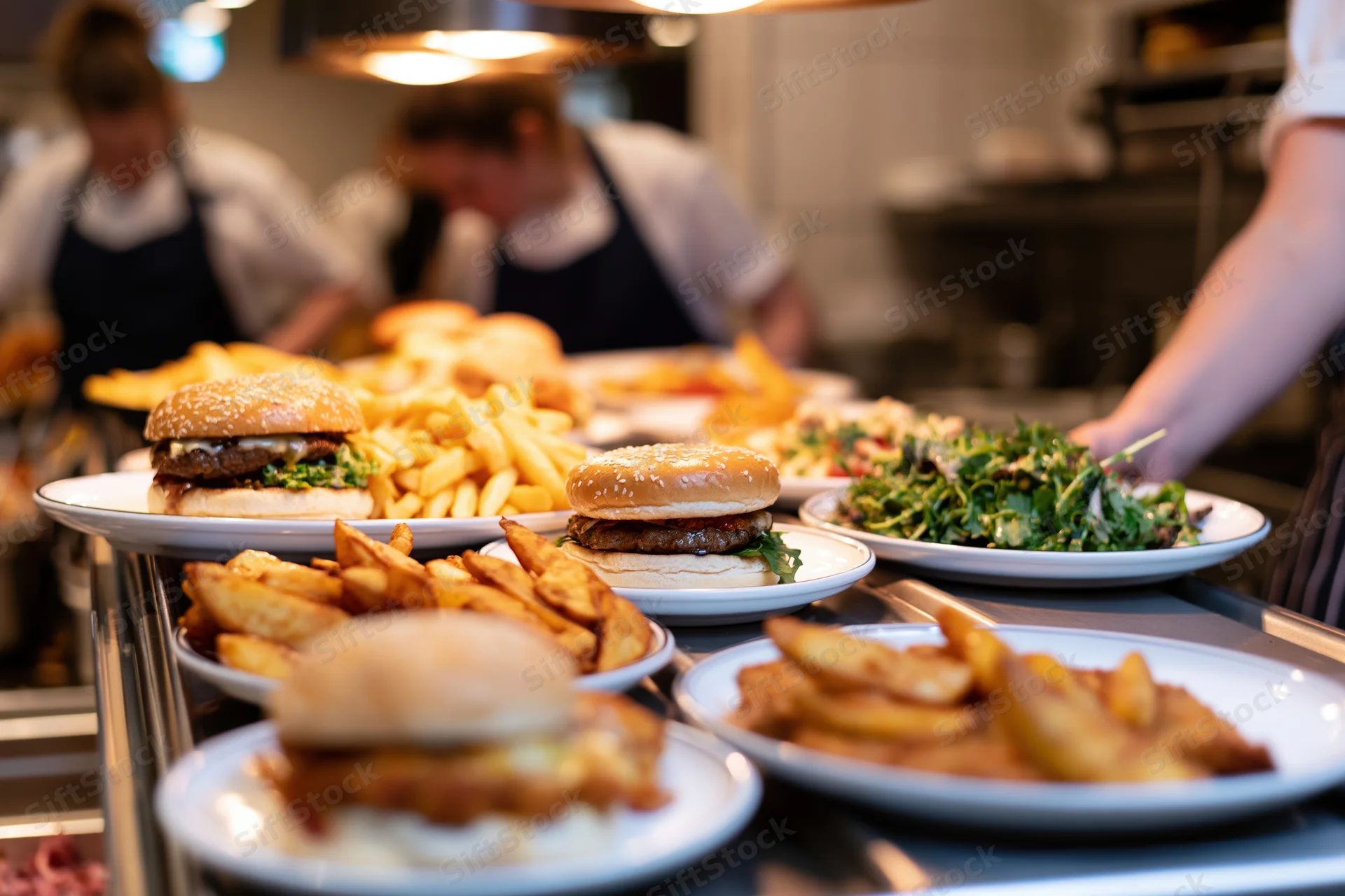 Multiple plated burgers and fries on a restaurant pass counter with chefs in background