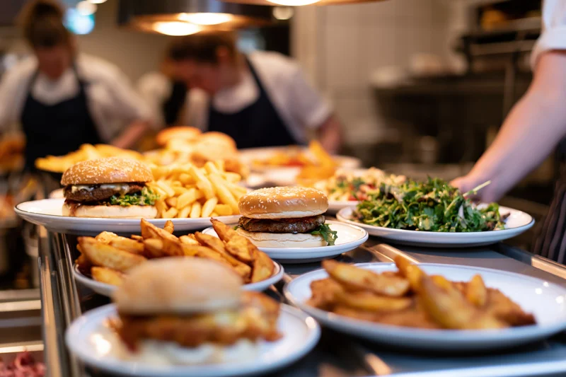 Multiple plated burgers and fries on a restaurant pass counter with chefs in background