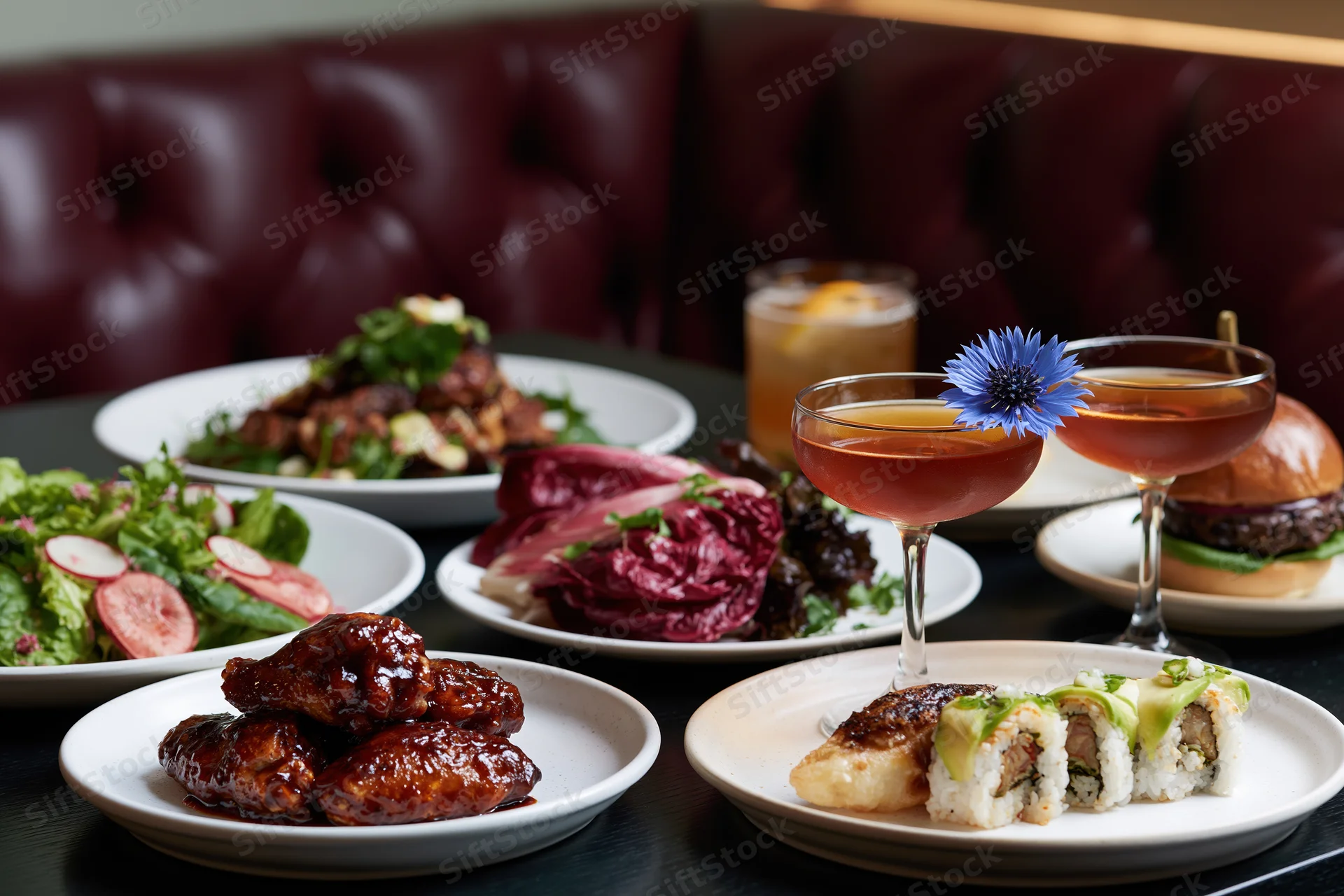 Restaurant table with multiple dishes and cocktails arranged for dining