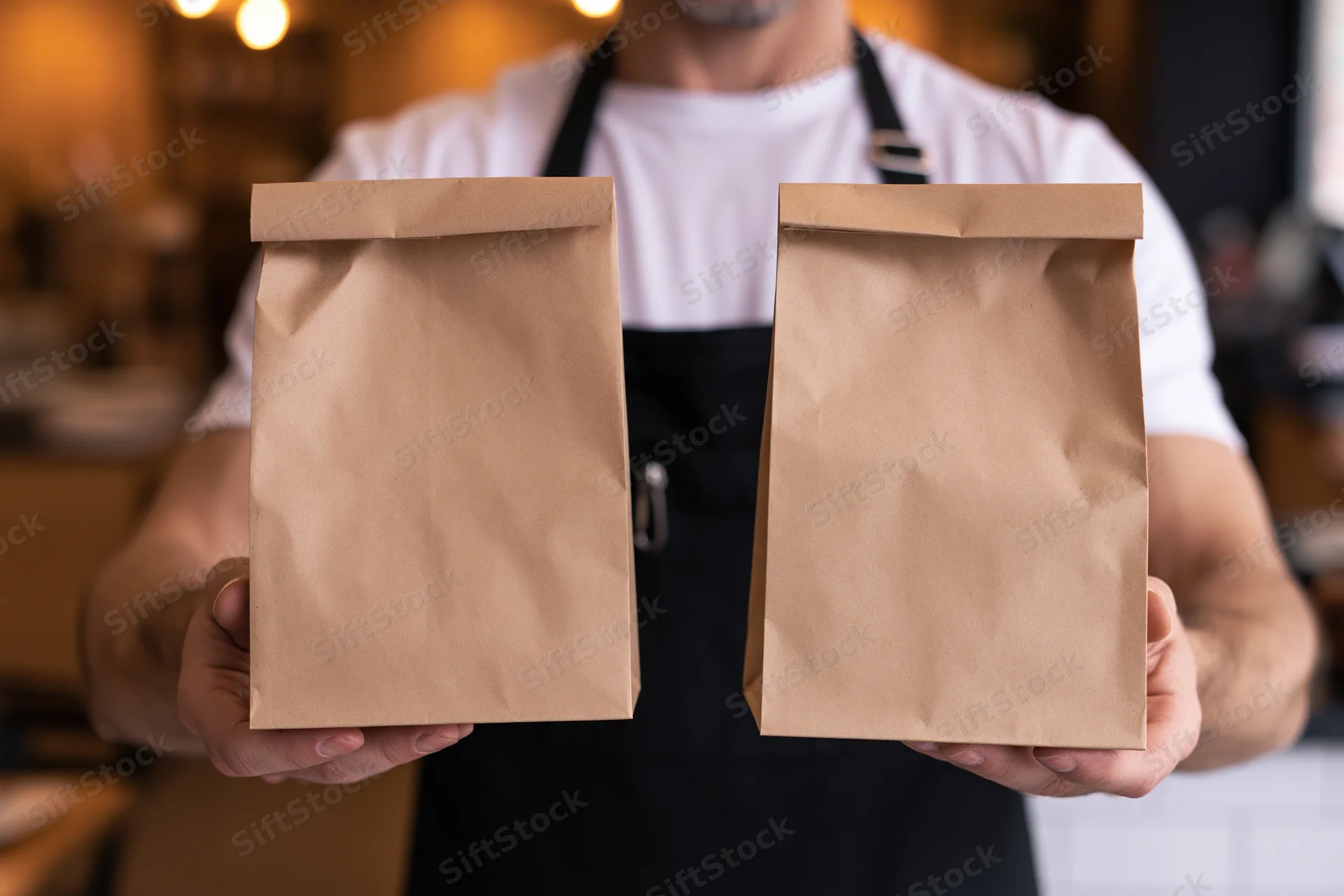 Man in apron holding two kraft paper takeout bags in restaurant interior