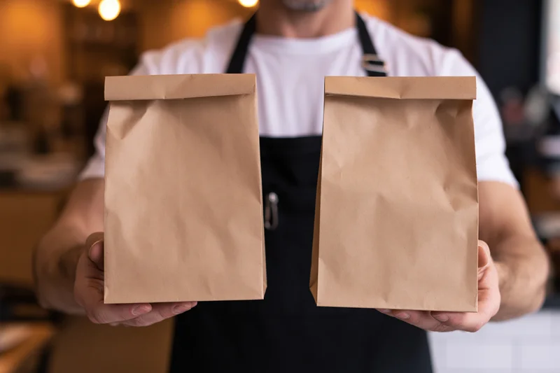Man in apron holding two kraft paper takeout bags in restaurant interior