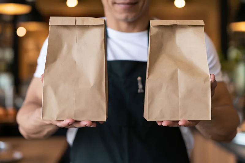 Man in apron holding two kraft paper takeout bags toward camera in cafe