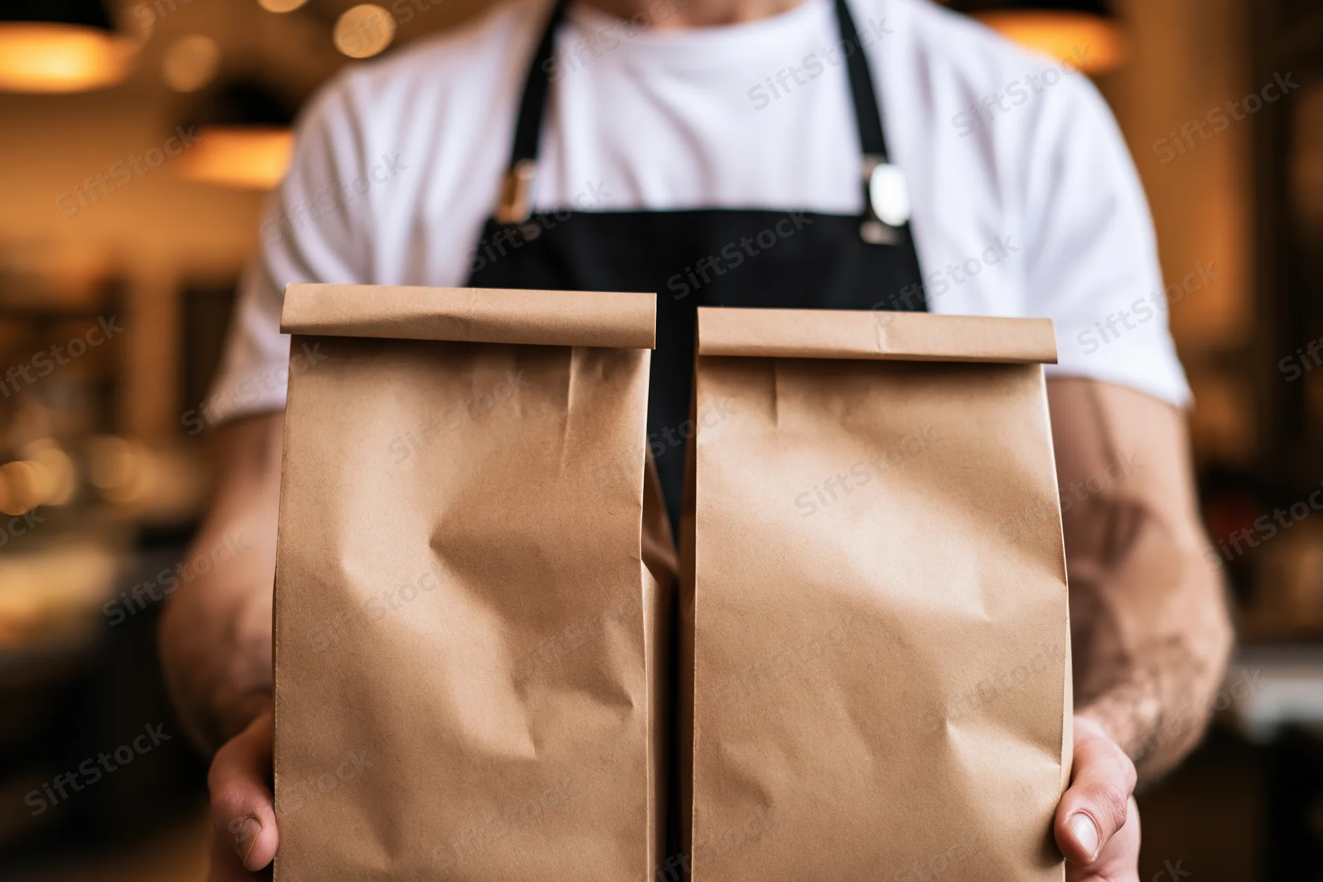 Restaurant worker holding two kraft paper takeout bags toward camera in a cafe interior