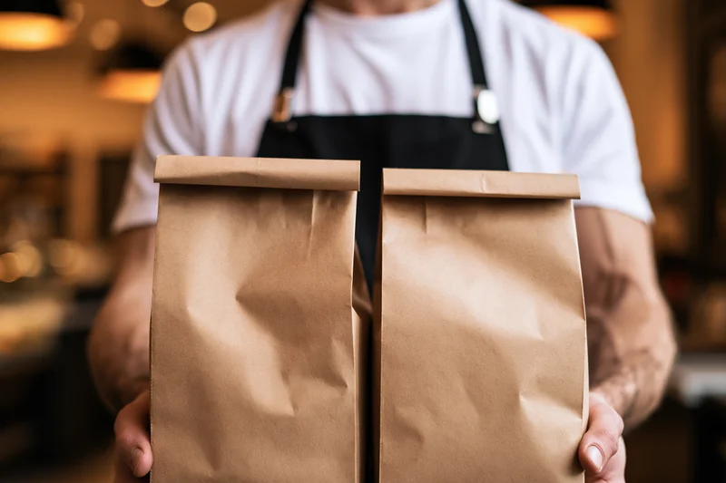 Restaurant worker holding two kraft paper takeout bags toward camera in a cafe interior