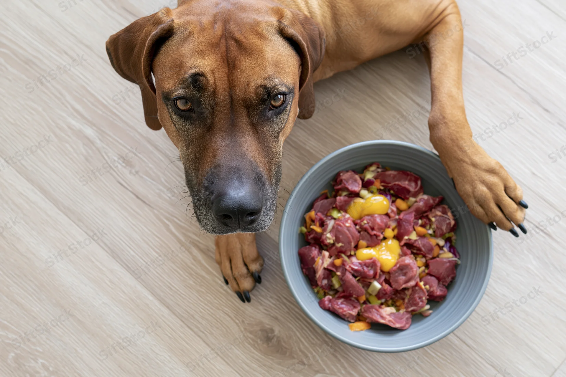 Rhodesianridgeback dog lying flat on wood floor beside bowl of raw meat and egg meal