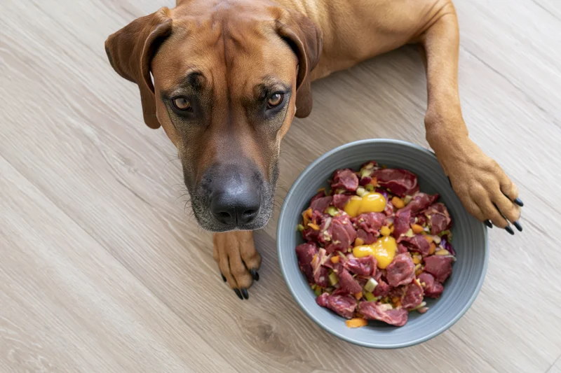 Rhodesianridgeback dog lying flat on wood floor beside bowl of raw meat and egg meal
