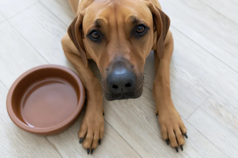 Rhodesianridgeback dog lying flat on tiled floor beside ceramic water bowl