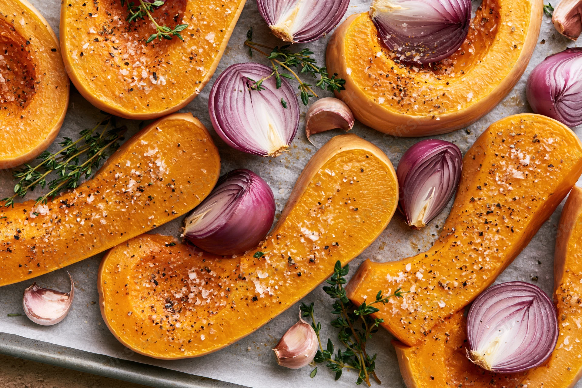 Roasted butternut squash wedges with red onions and herbs on a parchment-lined baking tray