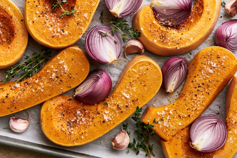 Roasted butternut squash wedges with red onions and herbs on a parchment-lined baking tray