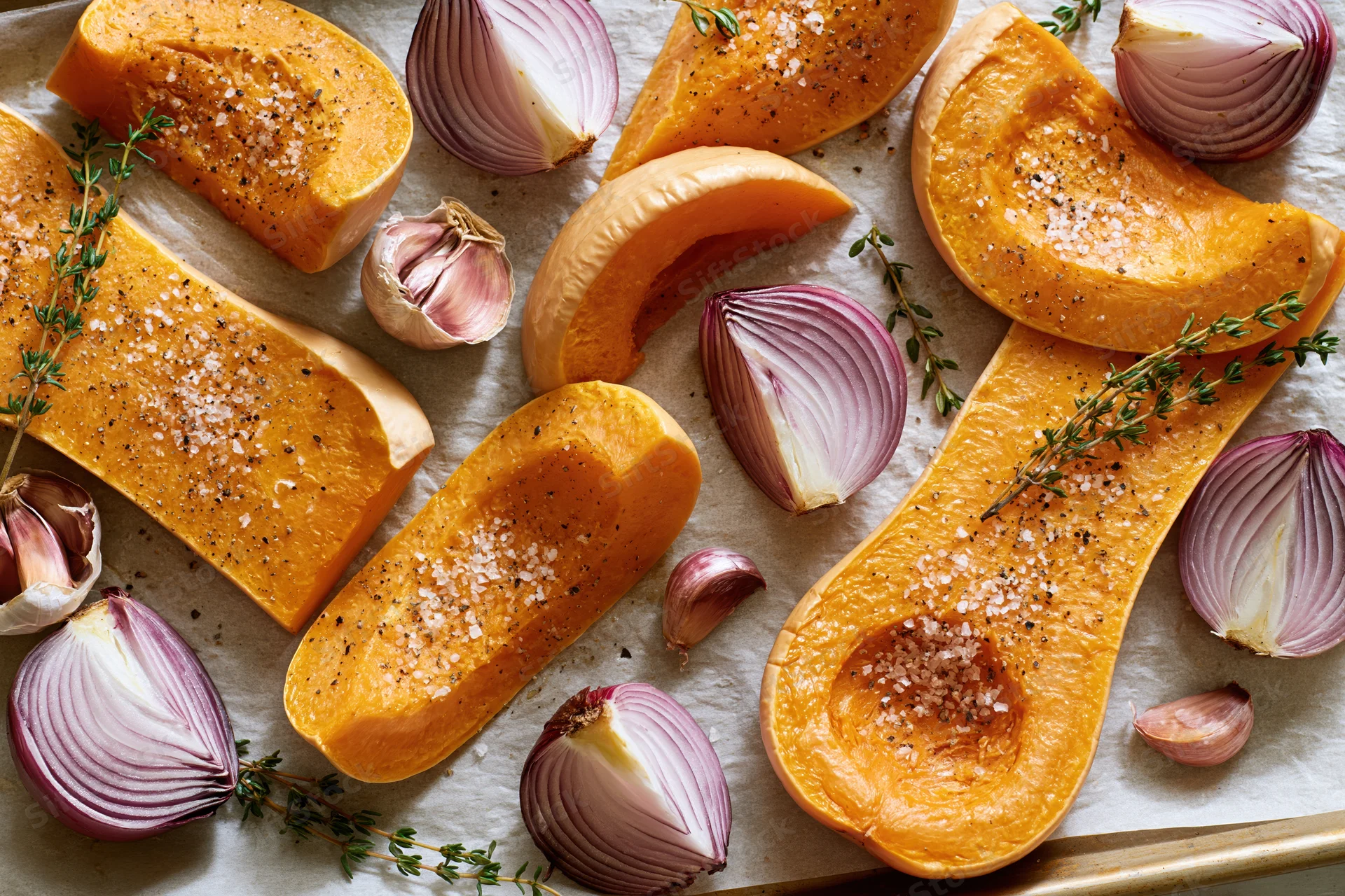 Roasted butternut squash wedges with herbs and garlic on parchment paper