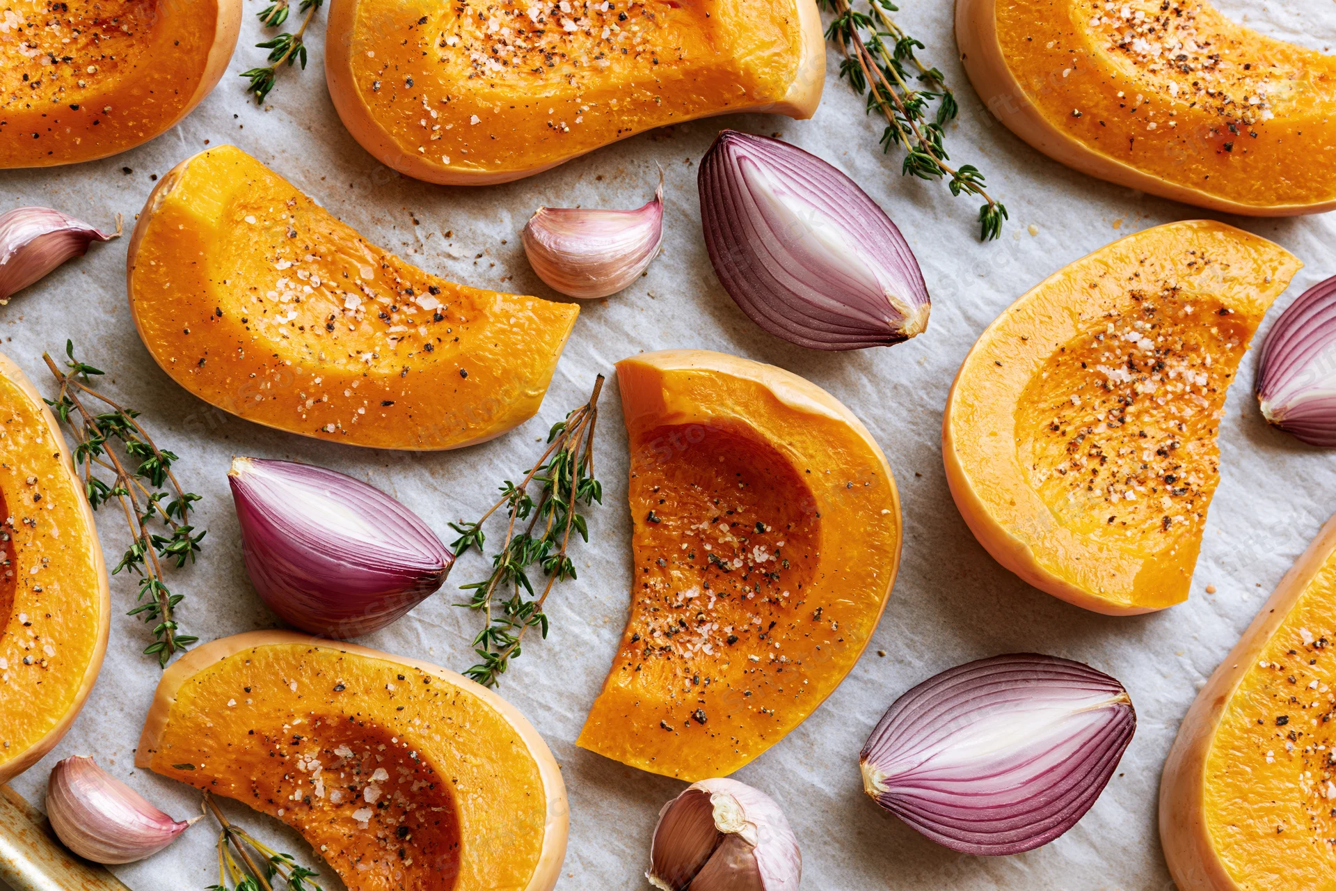 Roasted butternut squash wedges with garlic, shallots and thyme on parchment paper