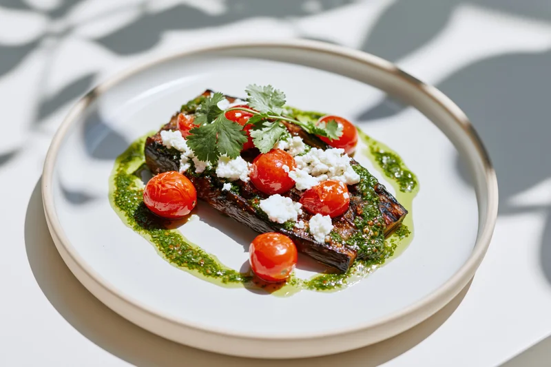 Roasted eggplant dish with cherry tomatoes and feta cheese on a white ceramic plate under dappled sunlight