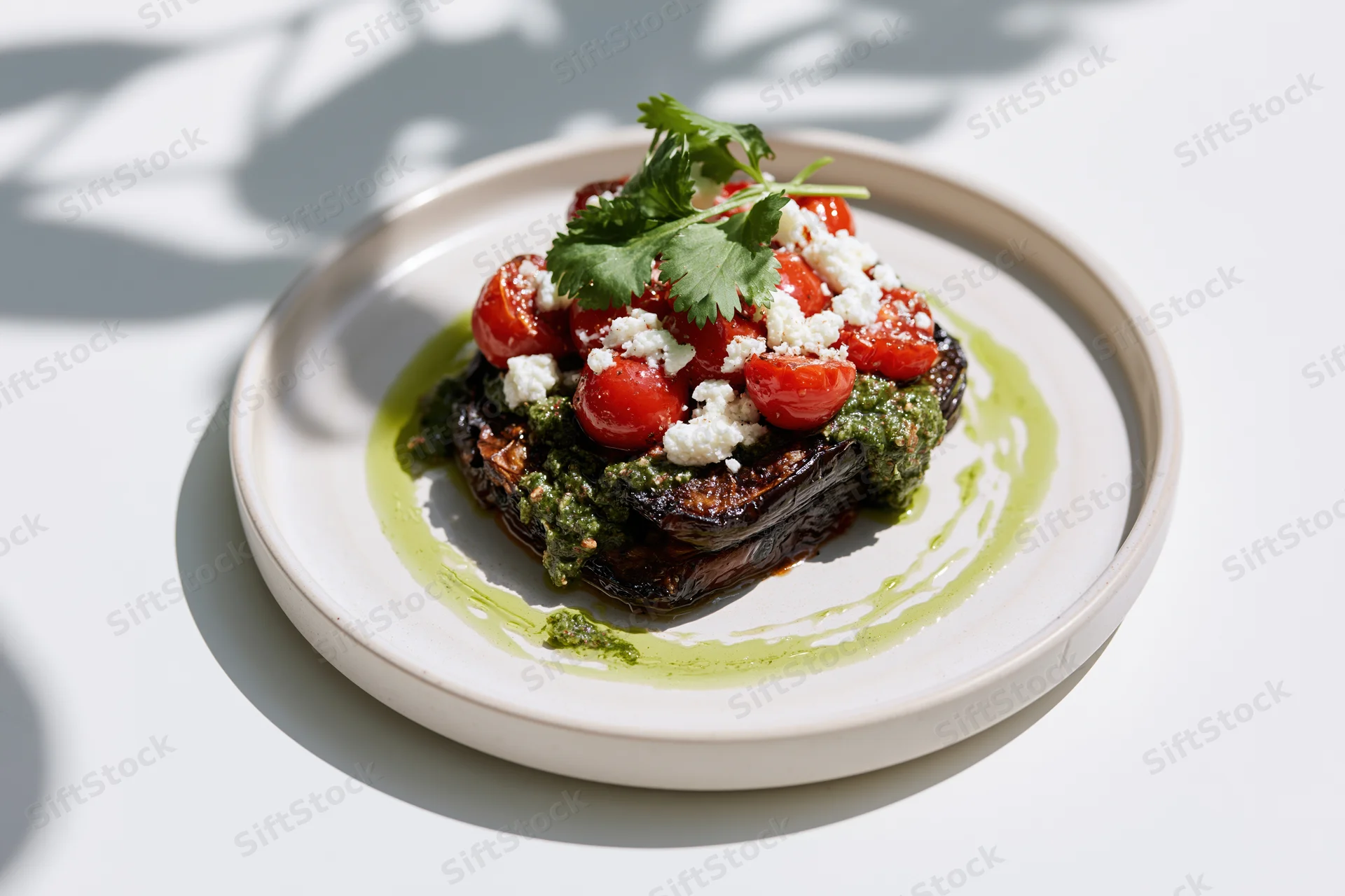 Roasted eggplant topped with cherry tomatoes, feta cheese and cilantro on a white ceramic plate with green sauce drizzle and leaf shadows on a bright surface