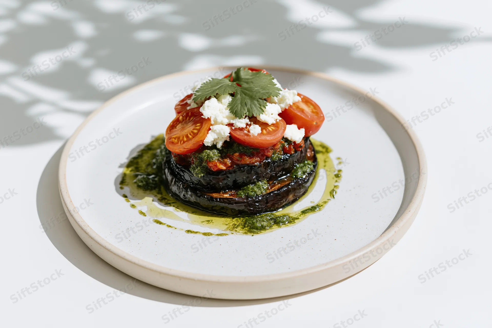 Roasted eggplant dish layered with tomatoes and cheese on a white ceramic plate with pesto drizzle and leafy garnish