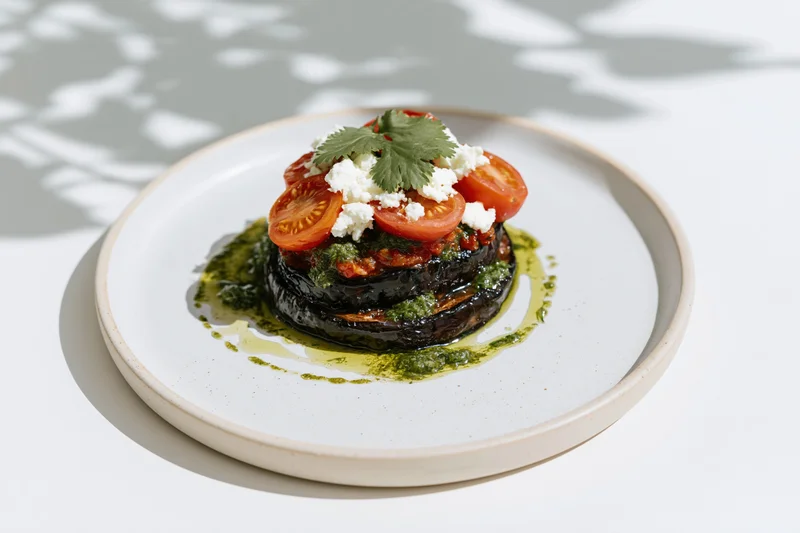 Roasted eggplant dish layered with tomatoes and cheese on a white ceramic plate with pesto drizzle and leafy garnish