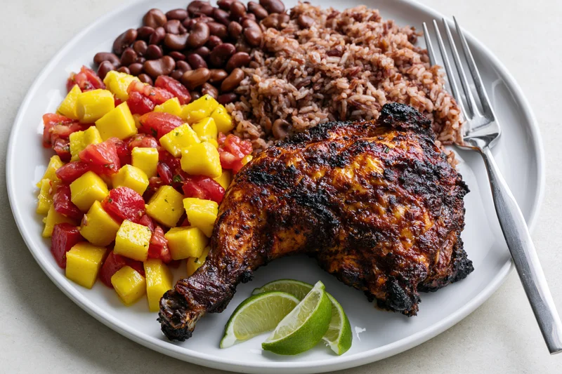 Roasted jerk chicken leg quarter on a white plate with rice, beans, mango salsa and lime wedges