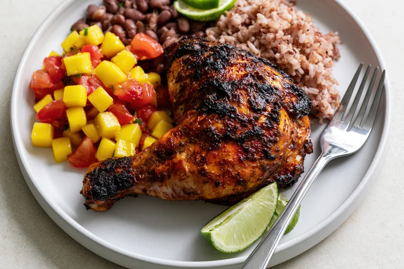 Roasted jerk chicken leg quarter on a white plate with rice, beans, mango salsa and lime wedges