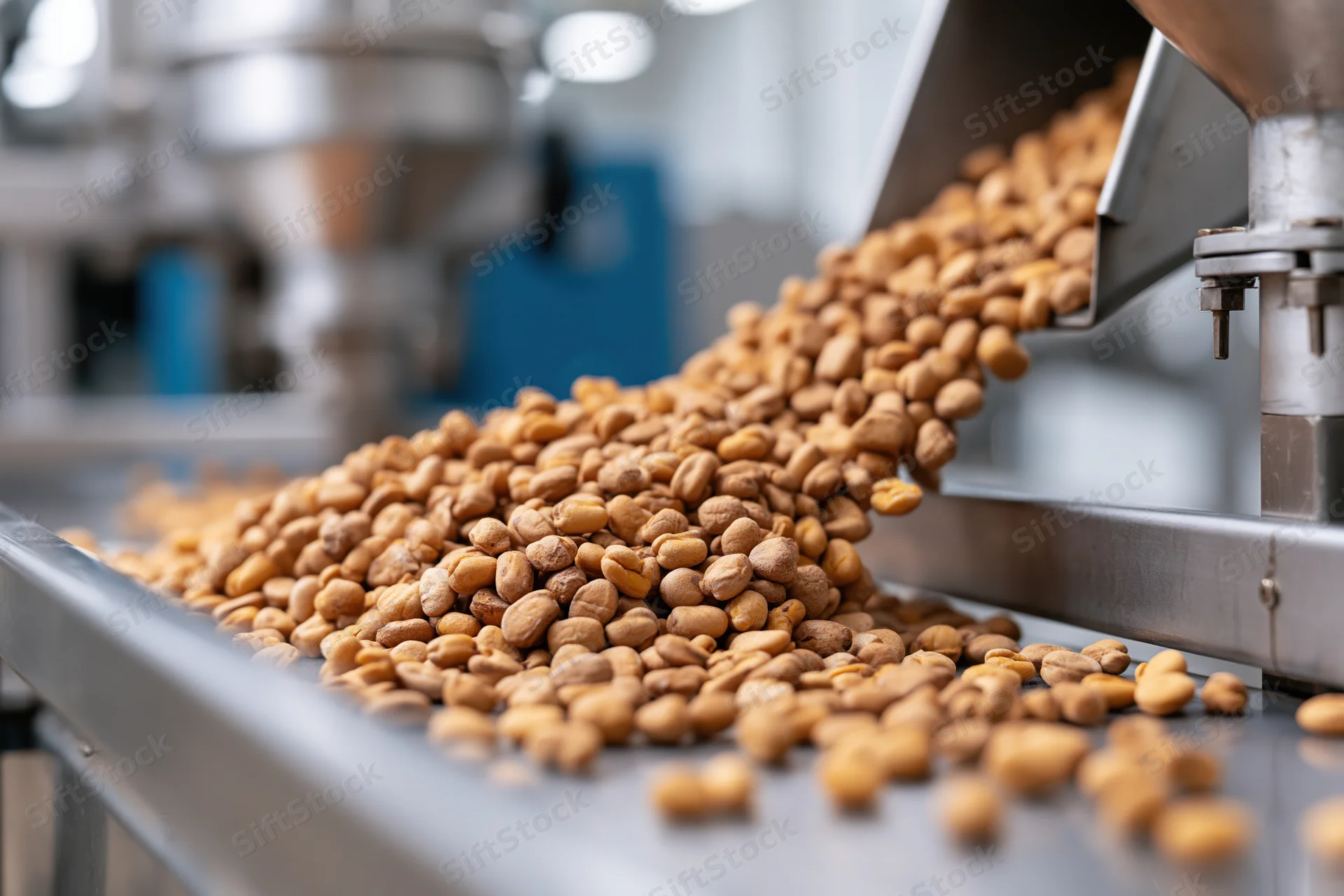 Roasted peanuts pouring from industrial hopper onto conveyor belt in food processing facility
