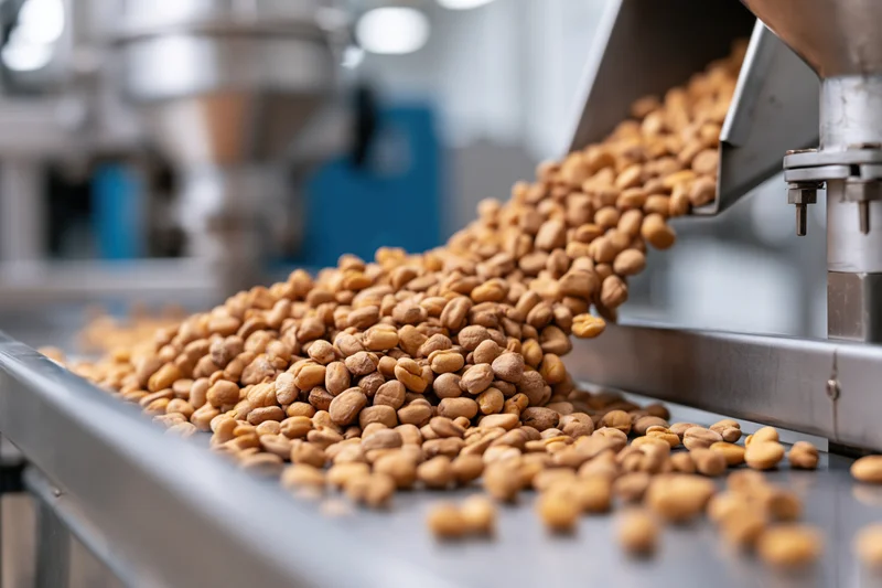 Roasted peanuts pouring from industrial hopper onto conveyor belt in food processing facility