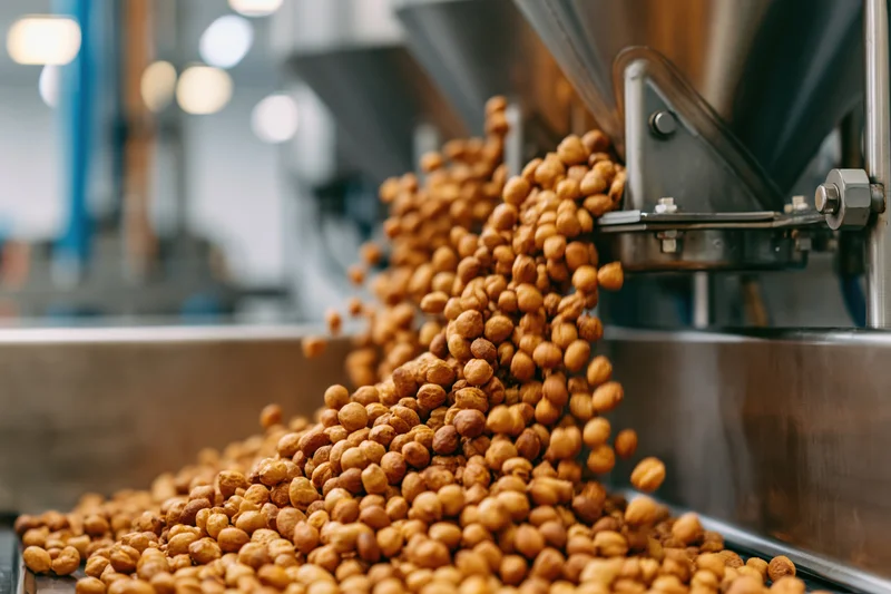 Roasted peanuts pouring from industrial hopper onto conveyor belt in factory