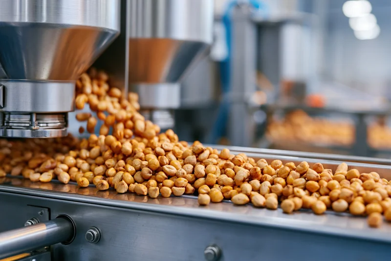 Roasted peanuts pouring from industrial hopper onto conveyor belt in food processing plant