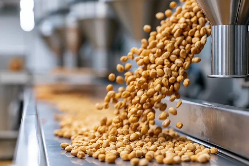 Chickpeas pouring from industrial hopper onto conveyor belt in food processing plant