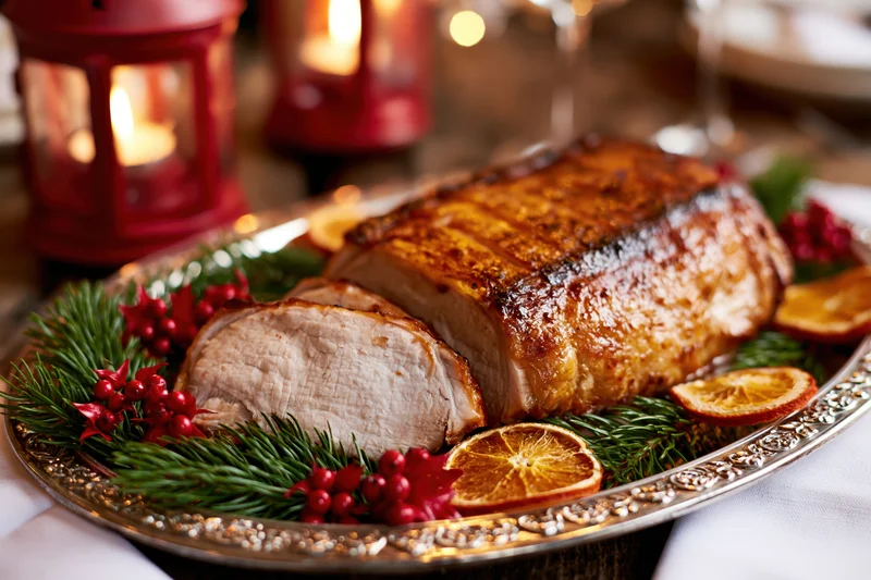 Roasted pork loin partially sliced on a decorative silver platter with orange slices and evergreen garnish for a holiday dinner