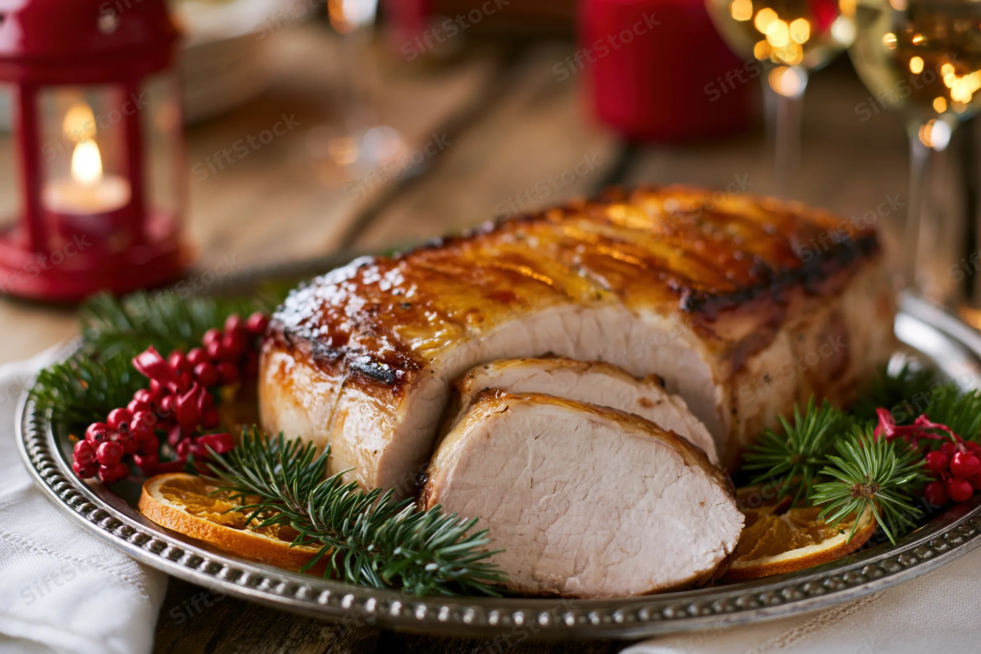 Roasted pork loin partially sliced on a decorative silver platter with pine, berries and orange slices for a festive holiday dinner