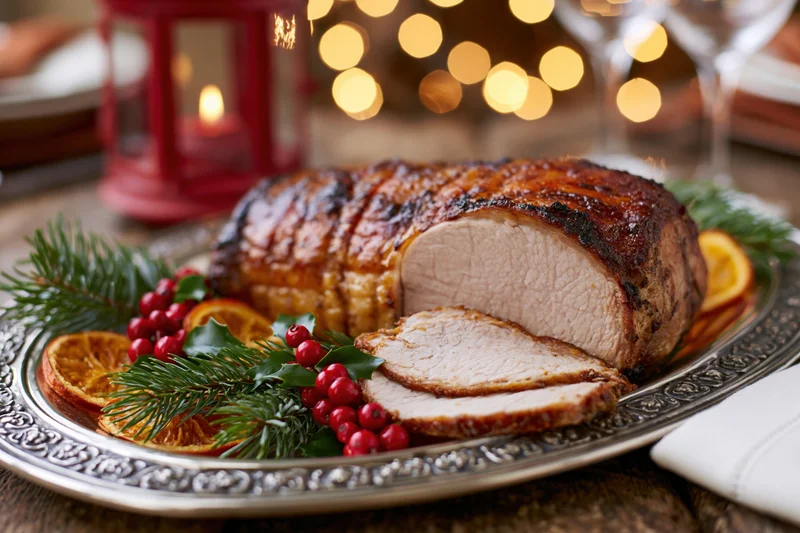 Roasted pork loin partially sliced on a decorative silver platter with holly and orange garnish at a festive holiday dinner table