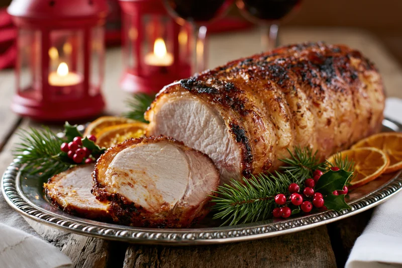 Roasted pork loin partially sliced on a decorative silver platter with holly and orange slices, set on a wooden table with red lanterns and candles in the background