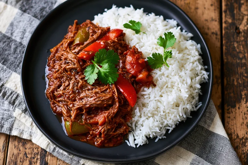 Shredded beef stew with rice and cilantro on a black plate on a checkered napkin over wooden table