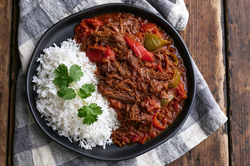 Ropa vieja shredded beef stew with rice and cilantro on a black plate over a checkered napkin on a wooden table