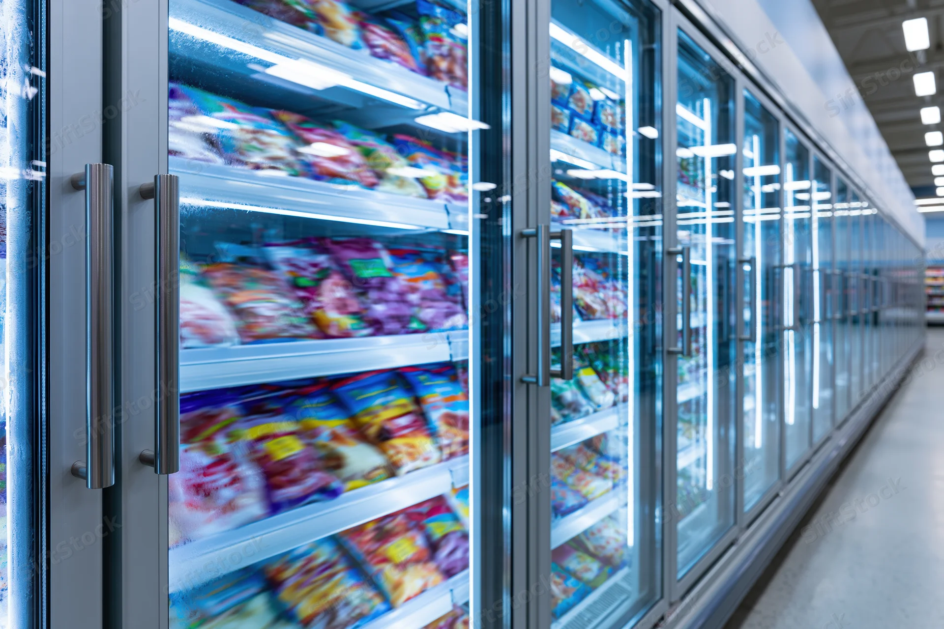 Row of glass-door commercial freezer cases in a grocery store aisle