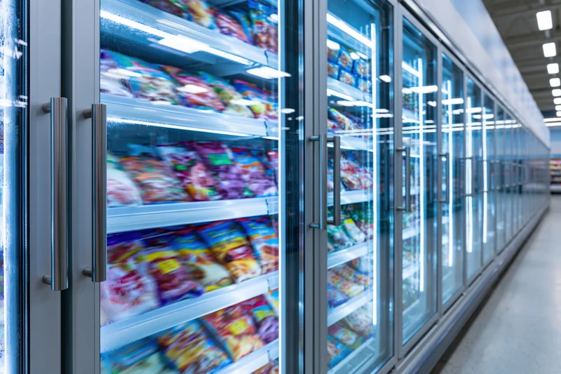 Row of glass-door commercial freezer cases in a grocery store aisle